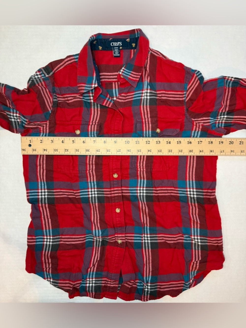 Chaps Denim Plaid Flannel Button Up Shirt Red/Blue/White Size M - Picture 11 of 12